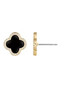 14k Gold Plated Black Halo CZ Clover Stud Earrings