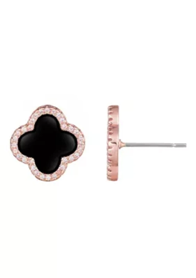 14k Rose Gold Plated Black Halo CZ Clover Stud Earrings