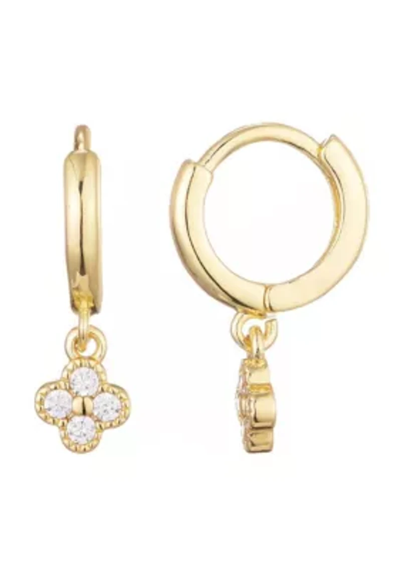 14k Gold Plated Extra Mini CZ Clover Dangle Huggie Earrings