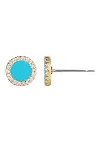 14k Yellow Gold Plated Turquoise Circle CZ Halo Stud Earrings
