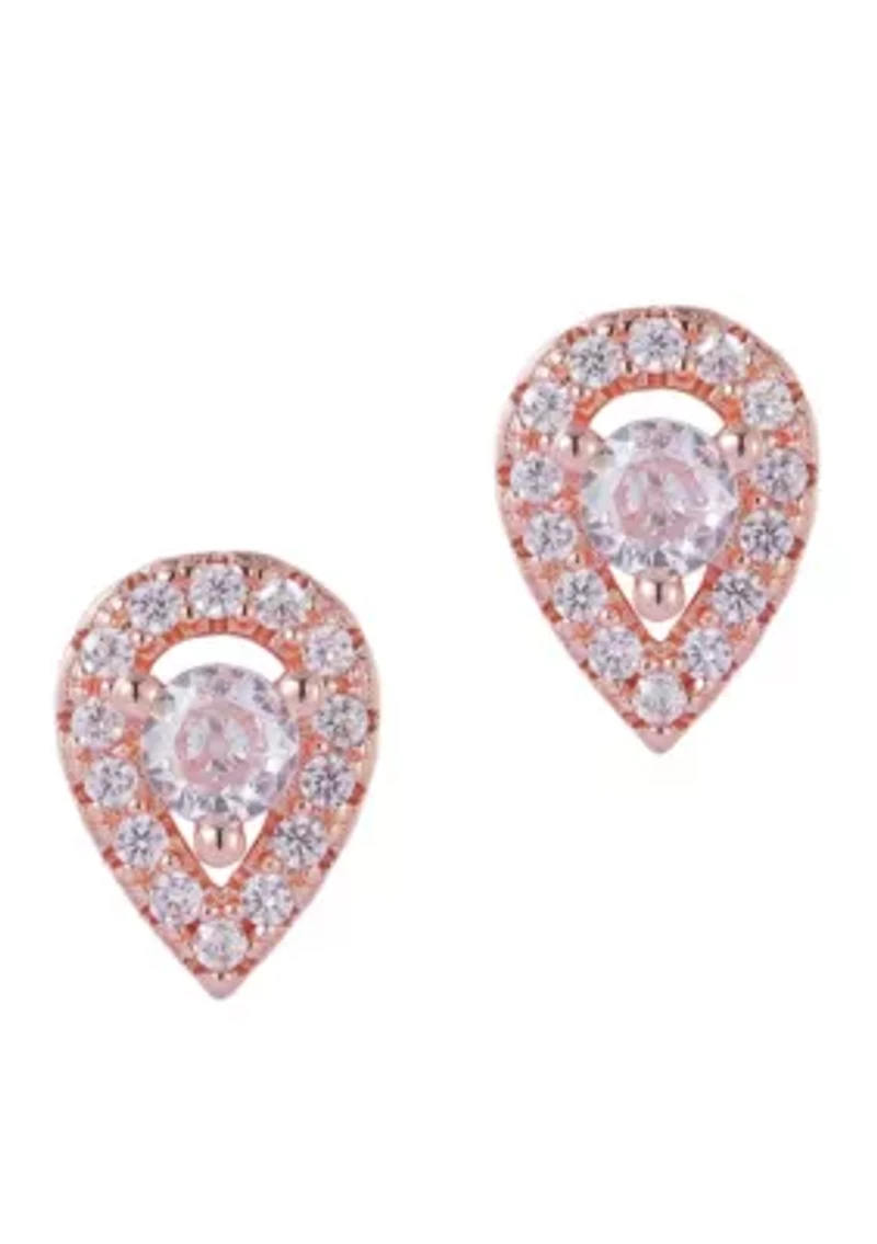 14k Rose Gold Plated Pear Cut Halo Crystal Stud Earrings