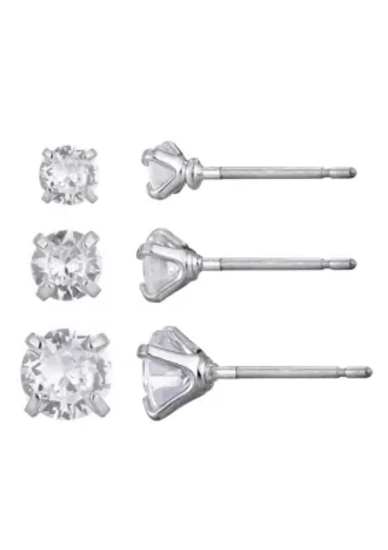 Silver Plated 3-Solitaire CZ Stud Earring Set