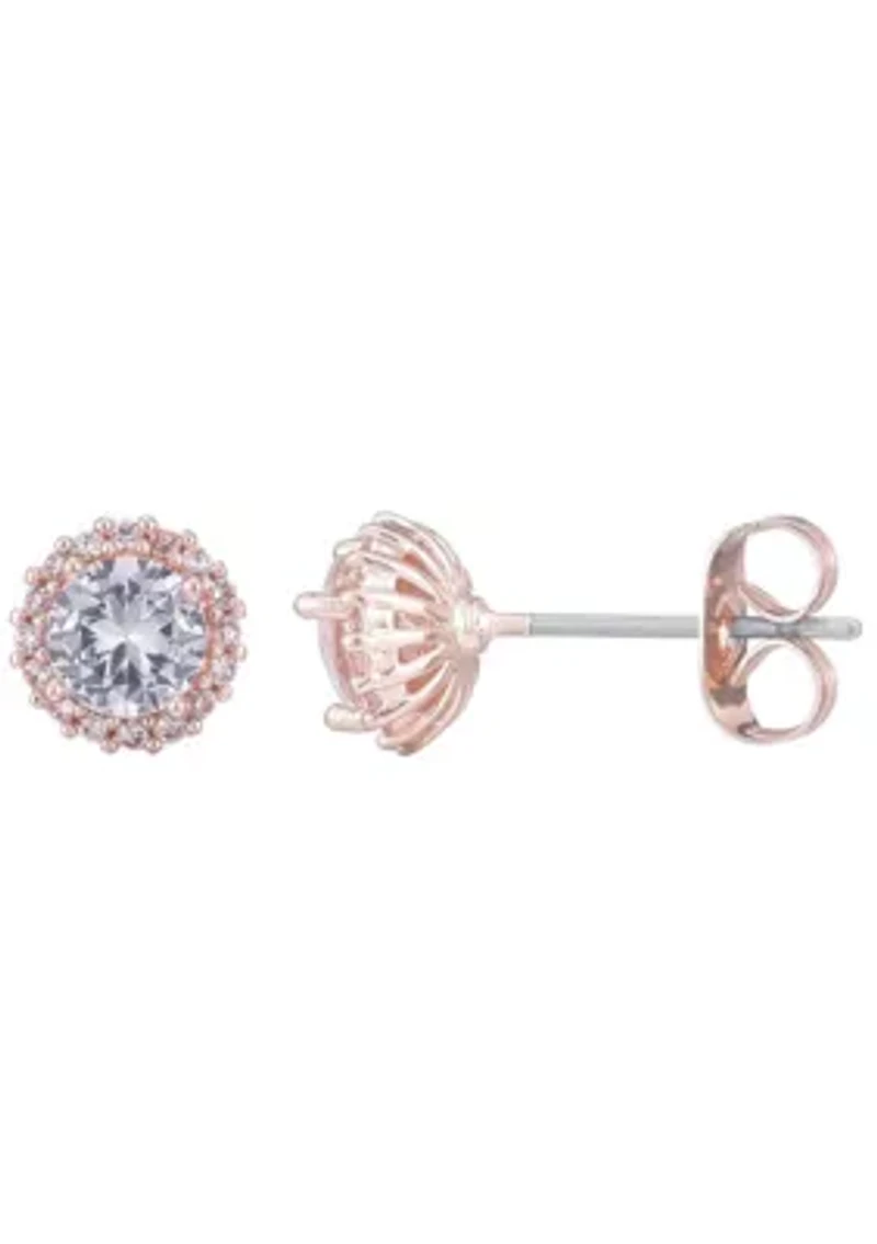 14k Rose Gold Plated Halo CZ Stud Earrings