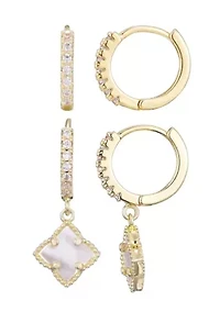 14k Gold Plated White Mother of Pearl Clover CZ Huggie Set