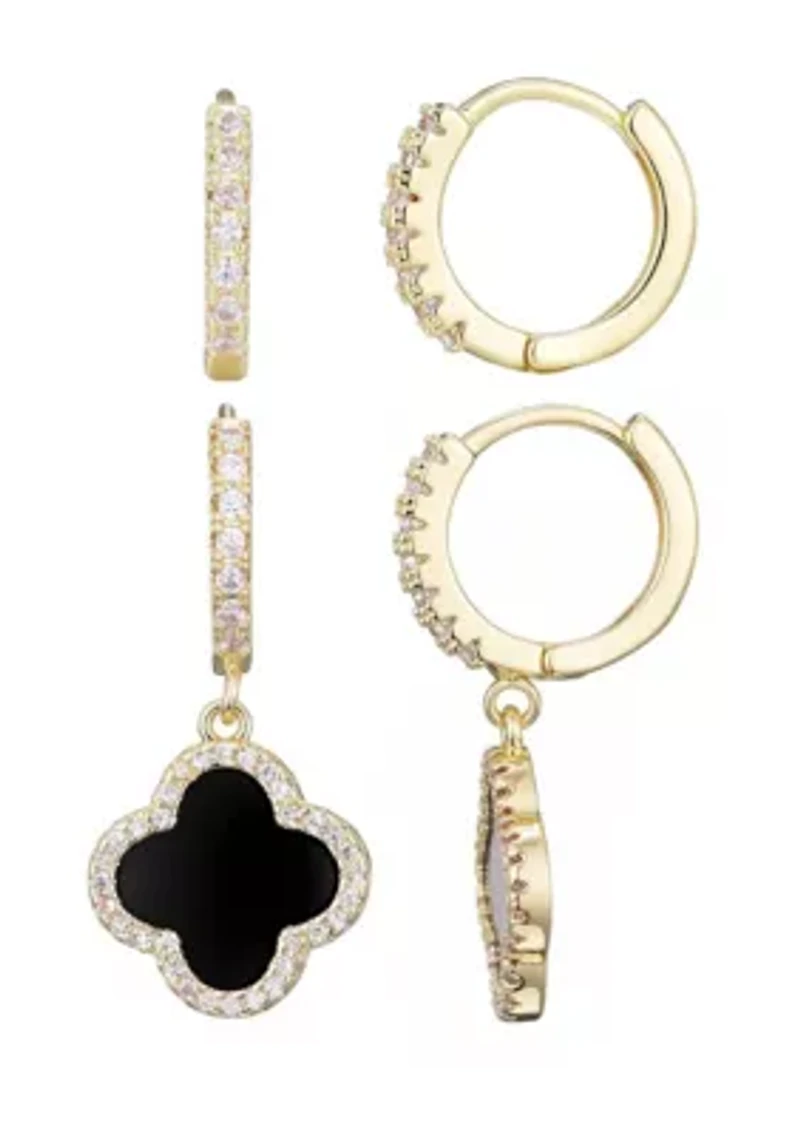 14k Gold Plated Halo Black Clover CZ Huggie Set