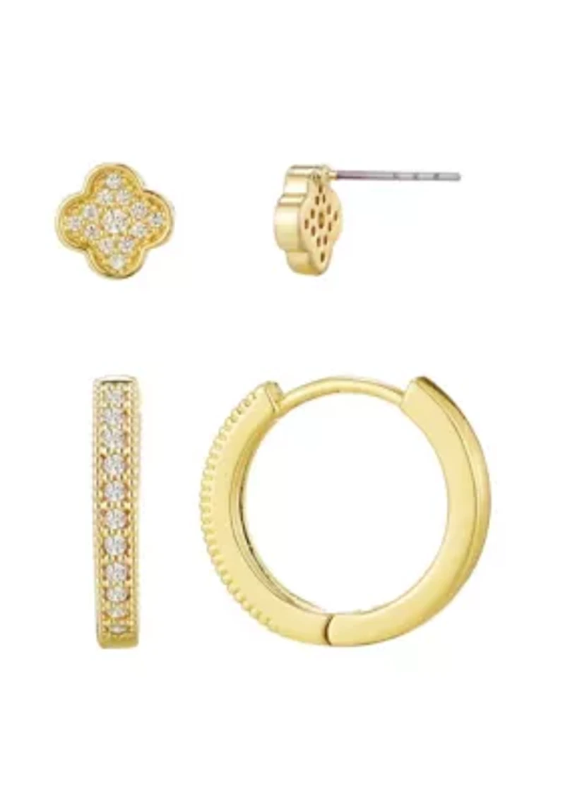 14k Gold Plated CZ Huggie and Clover Stud Set