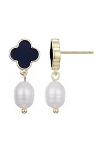 14k Gold Plated Black Clover and Freshwater Pearl Drop Earrings