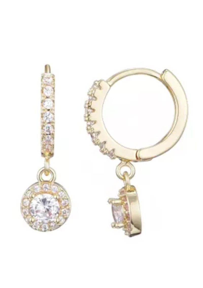 14k Gold Plated CZ Halo Drop Huggie Hoop Earrings
