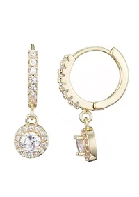 14k Gold Plated CZ Halo Drop Huggie Hoop Earrings