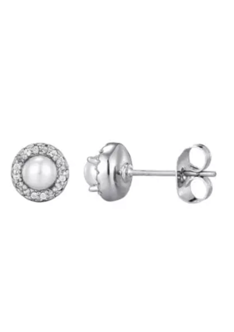 Silver Plated Freshwater Pearl CZ Halo Stud Earrings