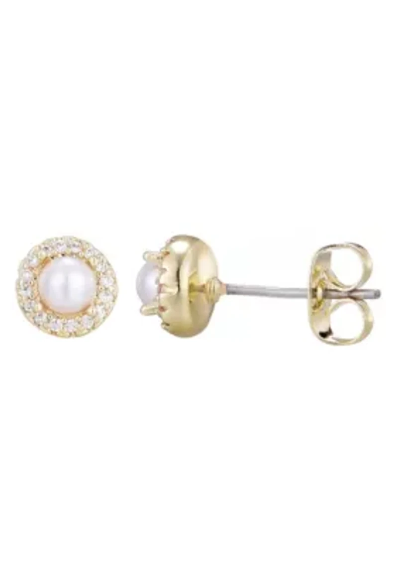 14k Gold Plated Freshwater Pearl CZ Halo Stud Earrings