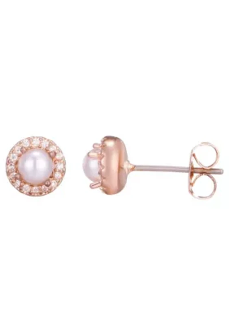 14k Rose Gold Plated Freshwater Pearl CZ Halo Stud Earrings