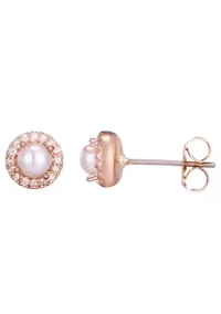 14k Rose Gold Plated Freshwater Pearl CZ Halo Stud Earrings