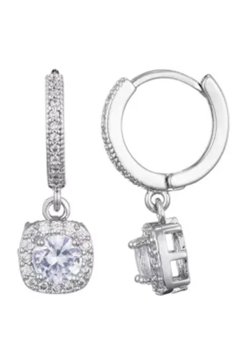 Silver Plated Cushion Halo CZ Huggie Earrings