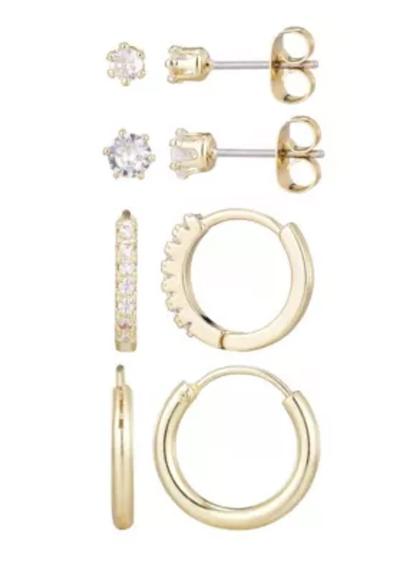 14k Gold Plated CZ Hoop and Solitaire Stud Set