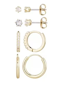 14k Gold Plated CZ Hoop and Solitaire Stud Set