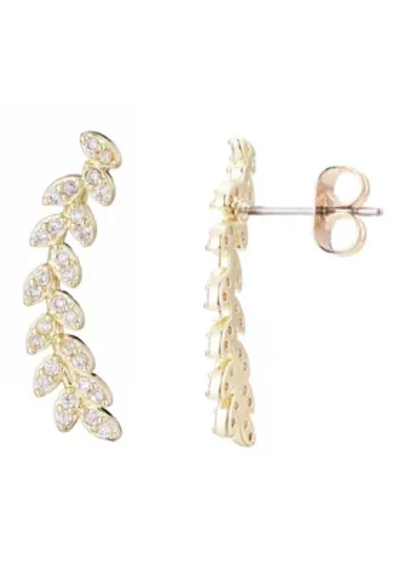 14k Gold Plated Curved CZ Leaf Drop Earrings