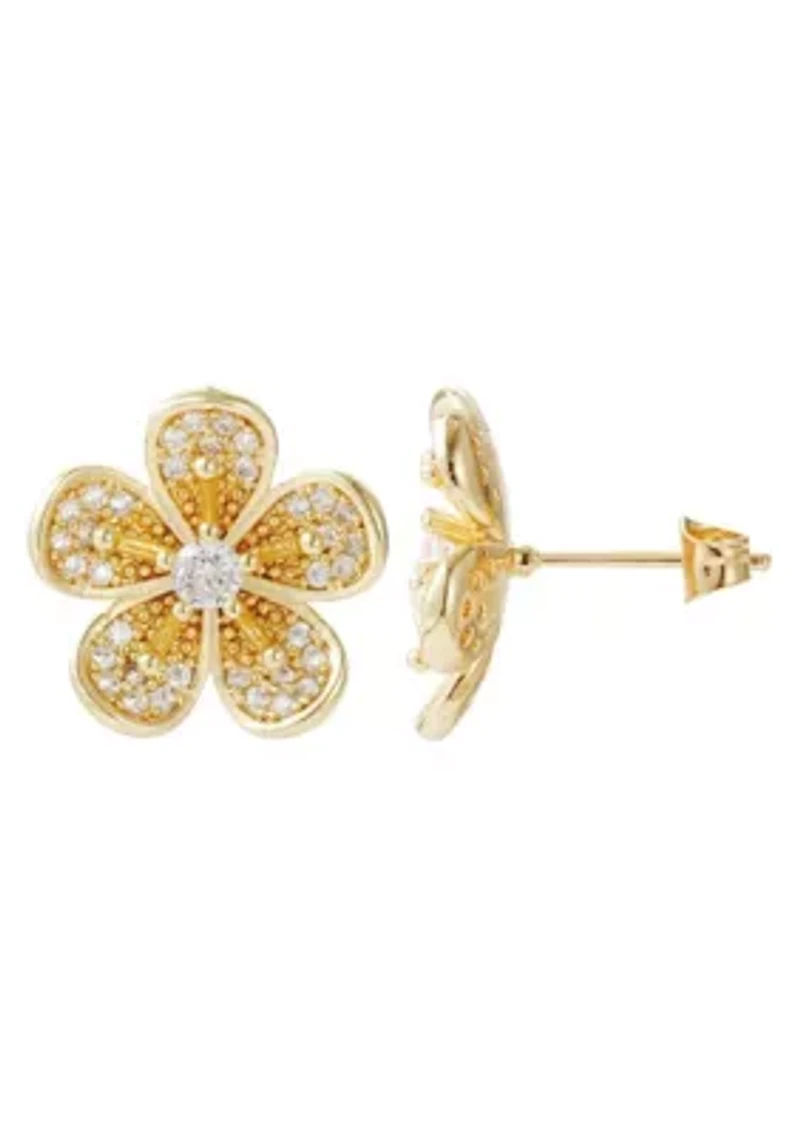 14k Gold Plated CZ Flower Stud Earrings
