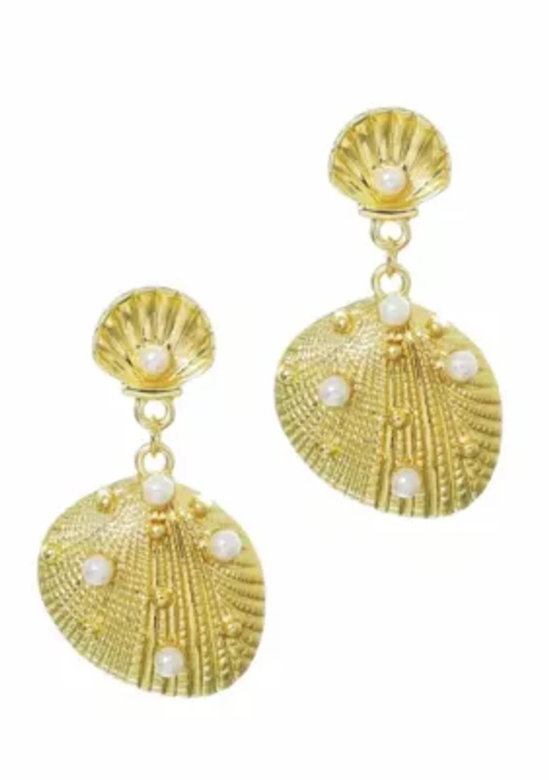 Gold Plated Pearl-Studded Shell Drop Earrings