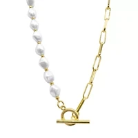 Tarnish Resistant 14k Gold Plated Pearl and Paper Clip Chain Toggle Necklace