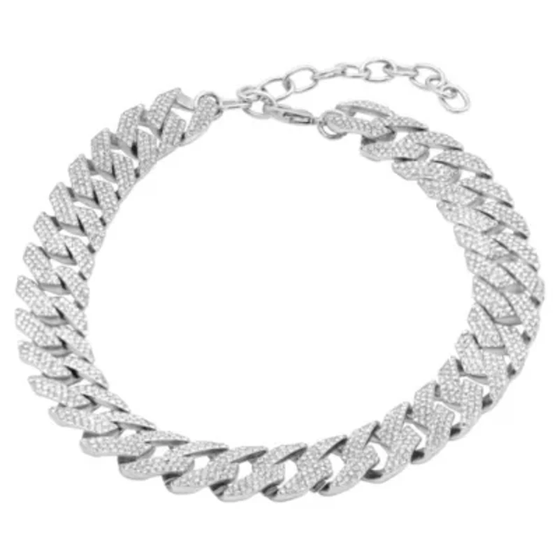 Rhodium Plated Edgy Cuban Crystal Adjustable Choker Chain Necklace