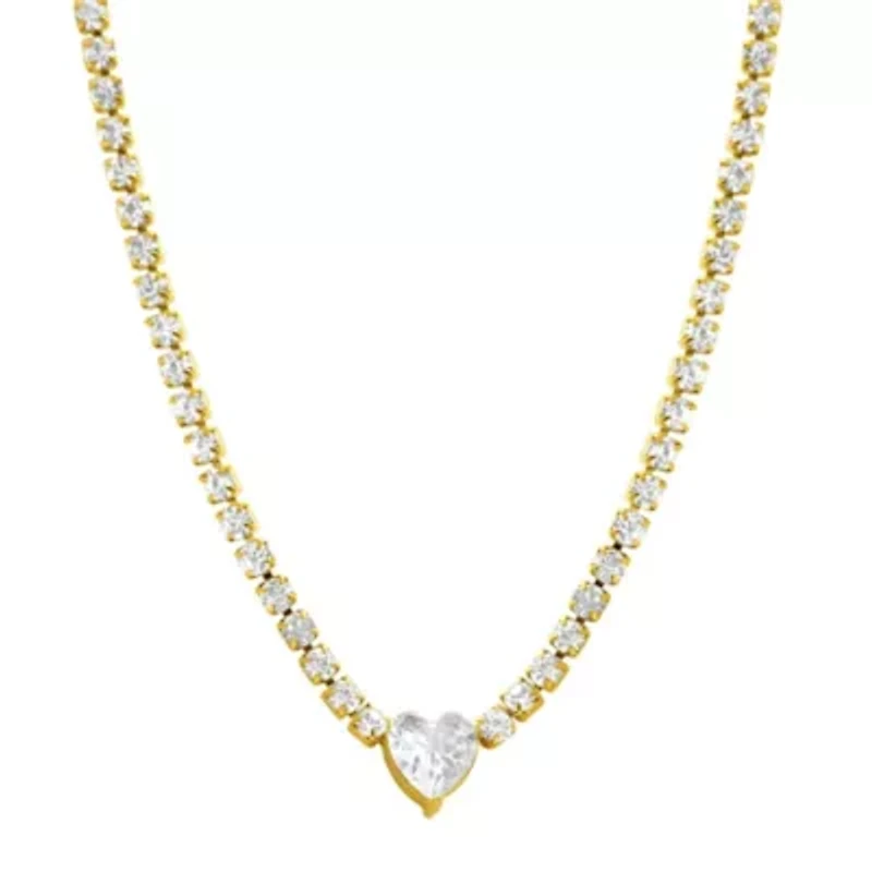 Tarnish Resistant Crystal Heart Tennis Chain Necklace gold