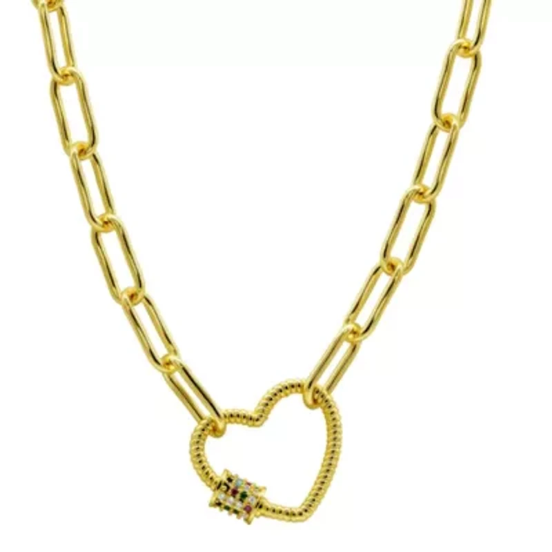 14k Gold Plated Paper Clip Chain With Rainbow Heart Screw Lock