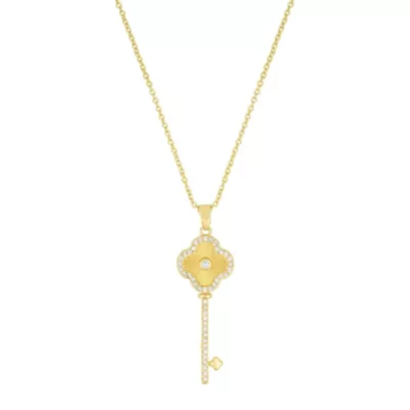 14k Gold Plated Pave Clover Key Pendant Necklace