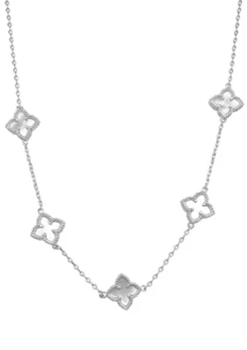 Silver Plated White Mother of Pearl Floral Station Necklace