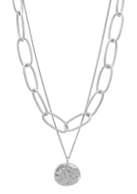 Silver Plated Oval Link Chain and Coin Pendant Layered Necklace