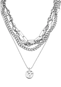 Silver Plated Messy Layered Necklace with Pebbled Charm