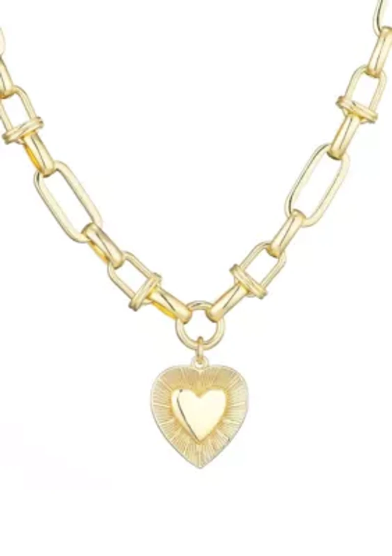 14k Yellow Gold Plated Chunky Mixed Link Chain Fluted Heart Necklace