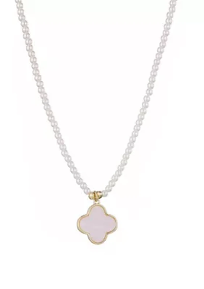 14k Gold Plated Pearl Strand Clover Pendant Necklace