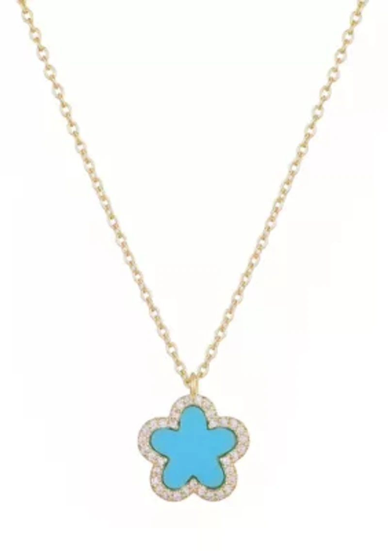 14k Gold Plated Turquoise CZ Halo 5-Leaf Clover Necklace