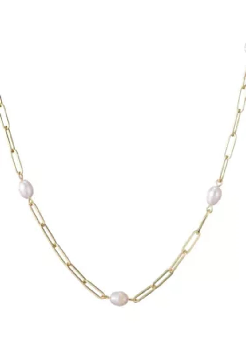 14k Gold Plated Freshwater Pearl Station Paper Clip Chain Necklace