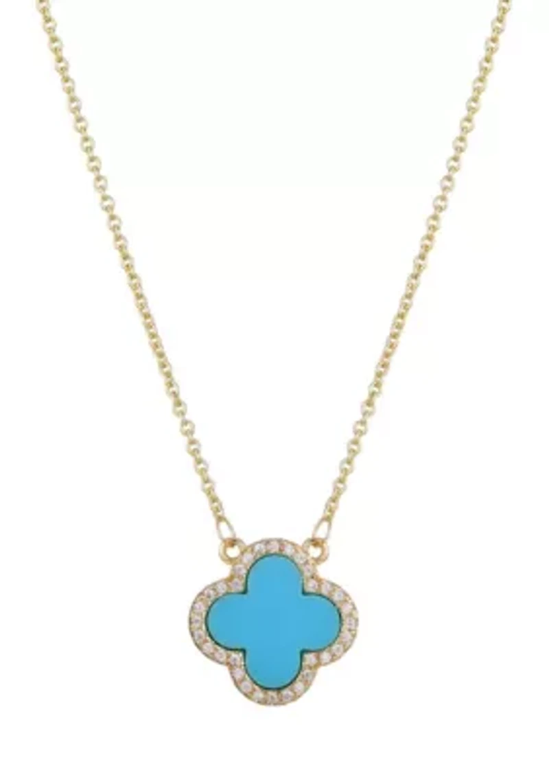 14k Gold Plated Turquoise CZ Halo Clover Necklace