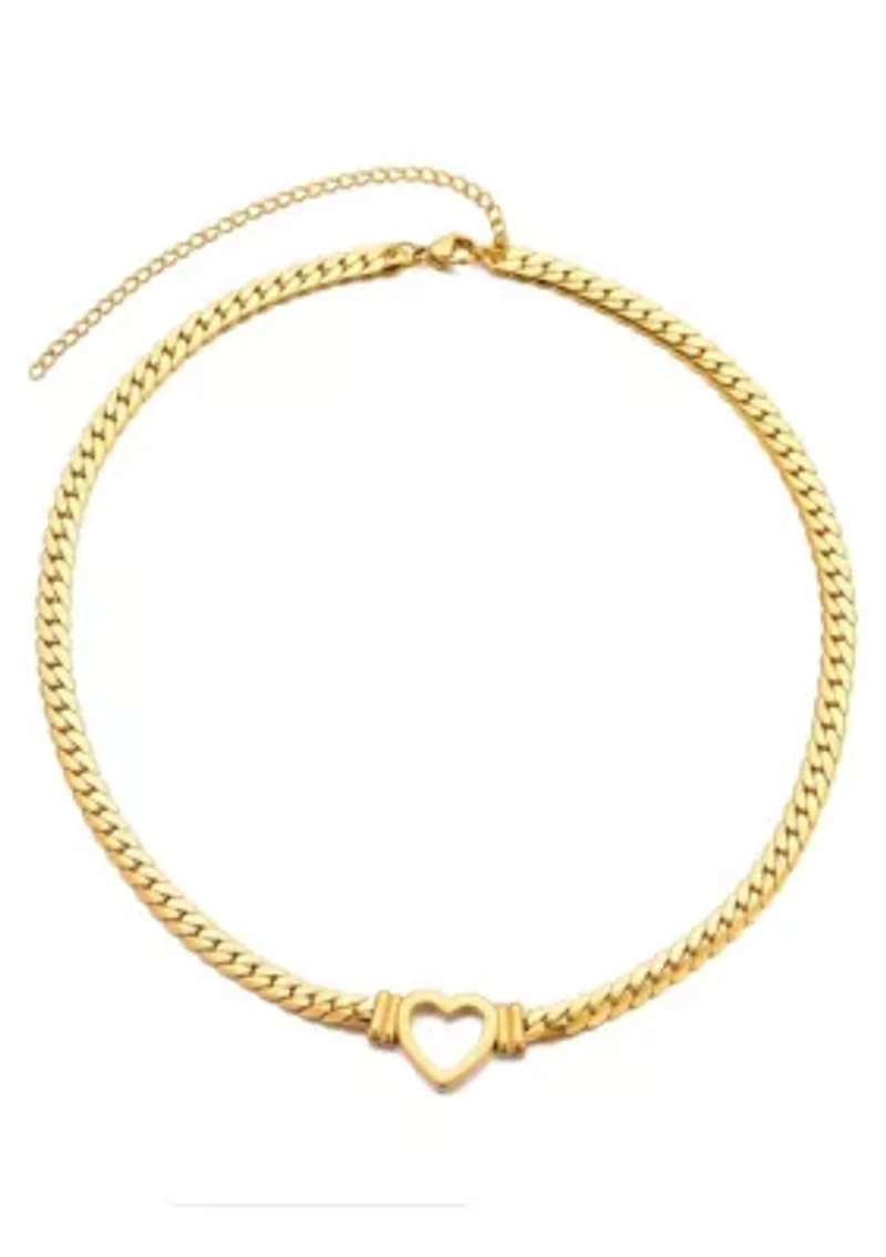 Tarnish Resistant 18k Gold Plated Flat Curb Chain Heart Necklace
