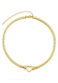 Tarnish Resistant 18k Gold Plated Flat Curb Chain Heart Necklace