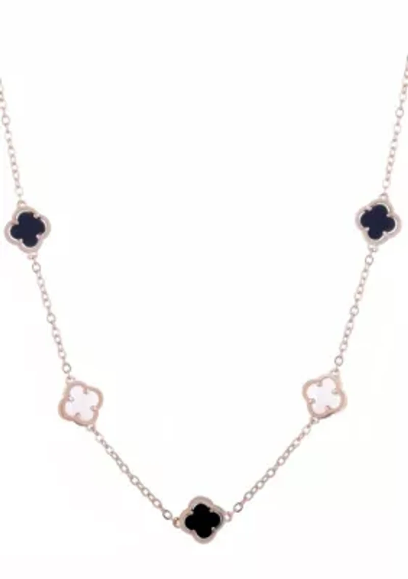 14k Rose Gold Plated Mixed Black and White Clover Station Necklace