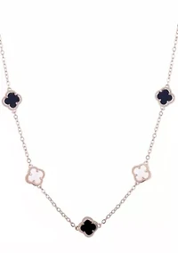 14k Rose Gold Plated Mixed Black and White Clover Station Necklace