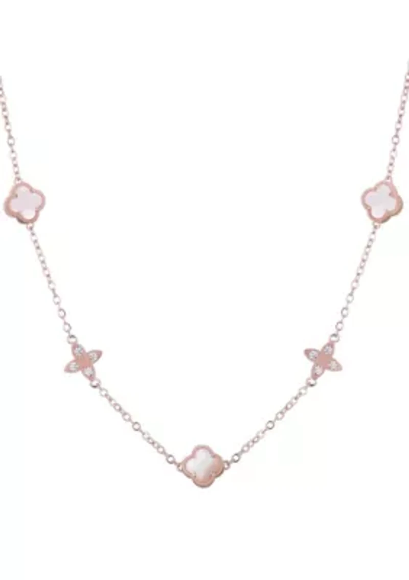 14k Rose Gold Plated Mother of Pearl CZ Clover Station Necklace