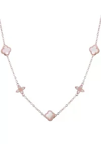 14k Rose Gold Plated Mother of Pearl CZ Clover Station Necklace