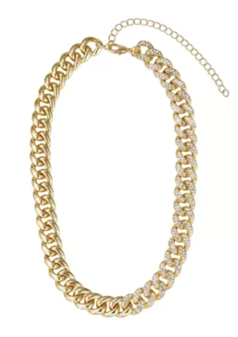 14k Gold Plated Half Crystal Curb Chain Necklace