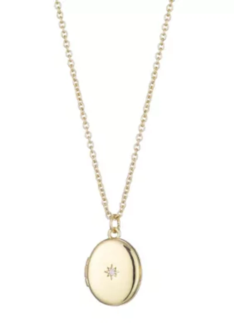 14k Gold Plated Oval Locket with CZ Starburst Necklace