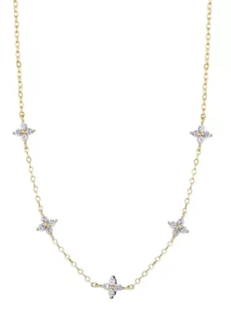 14k Gold Plated CZ Flower Station Necklace