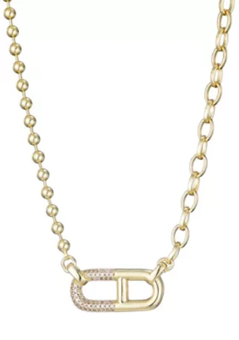 14k Gold Plated Mixed Chain CZ Sideways Pendant Necklace