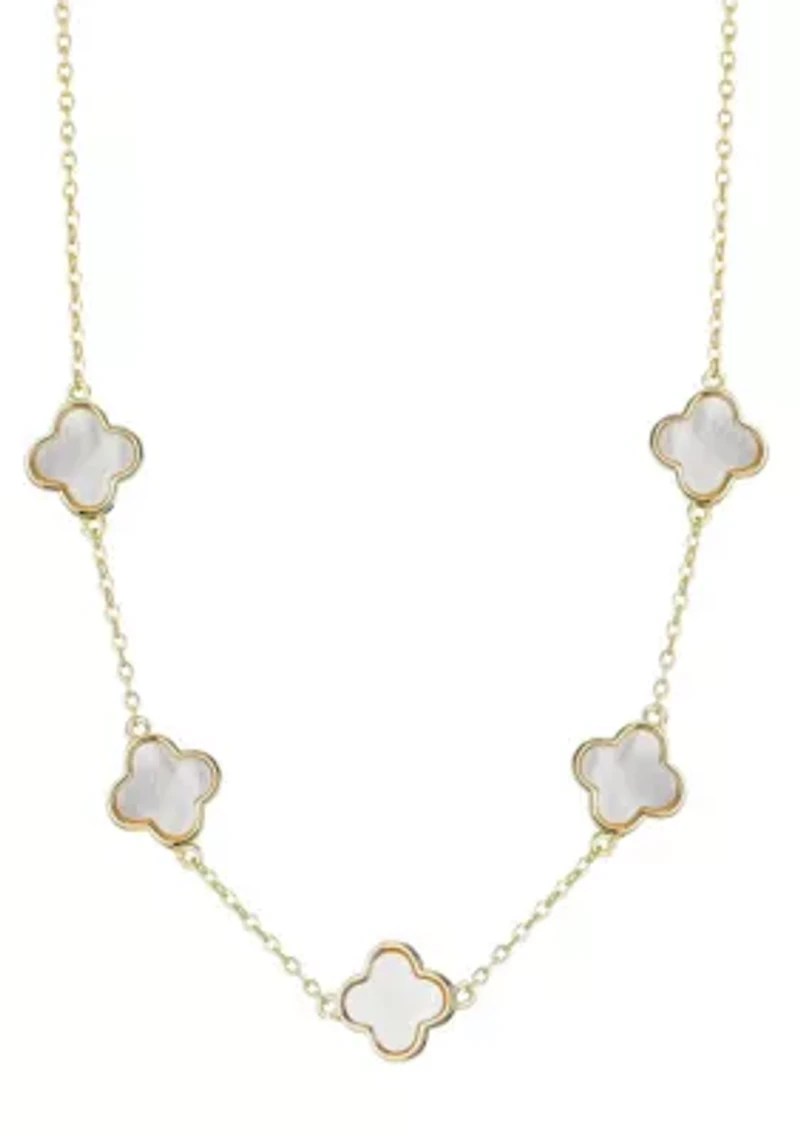 14k Yellow Gold Plated Mother of Pearl Clover Station Necklace