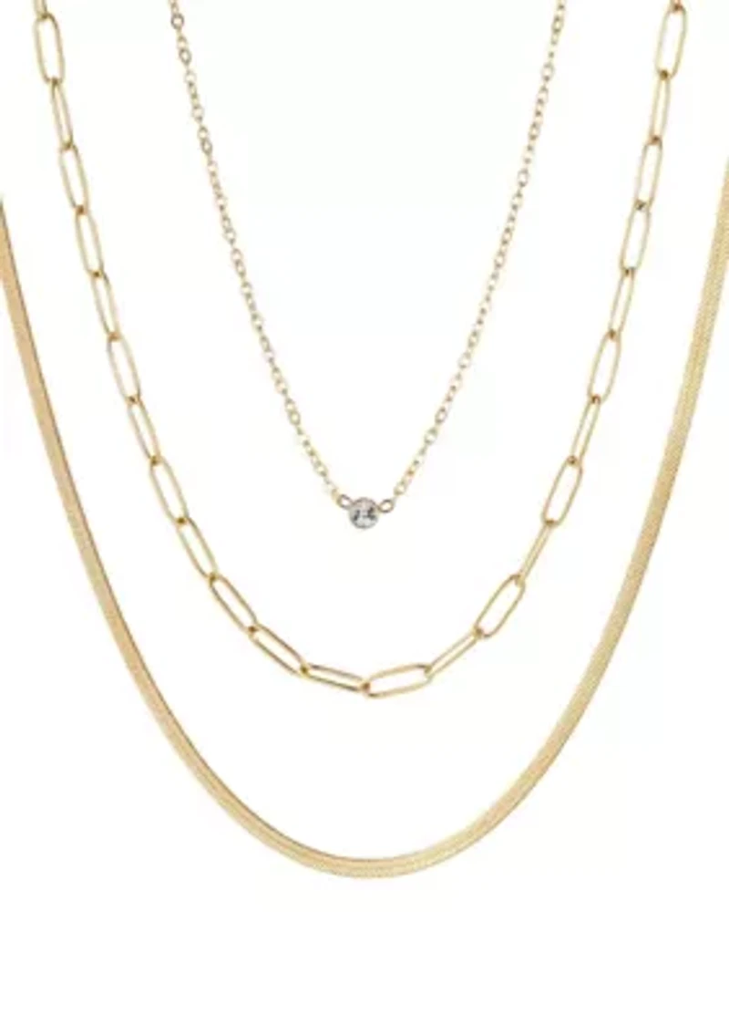 Tarnish Resistant 18k Gold Plated CZ Solitaire Pendant and 2 Chain Necklace Set