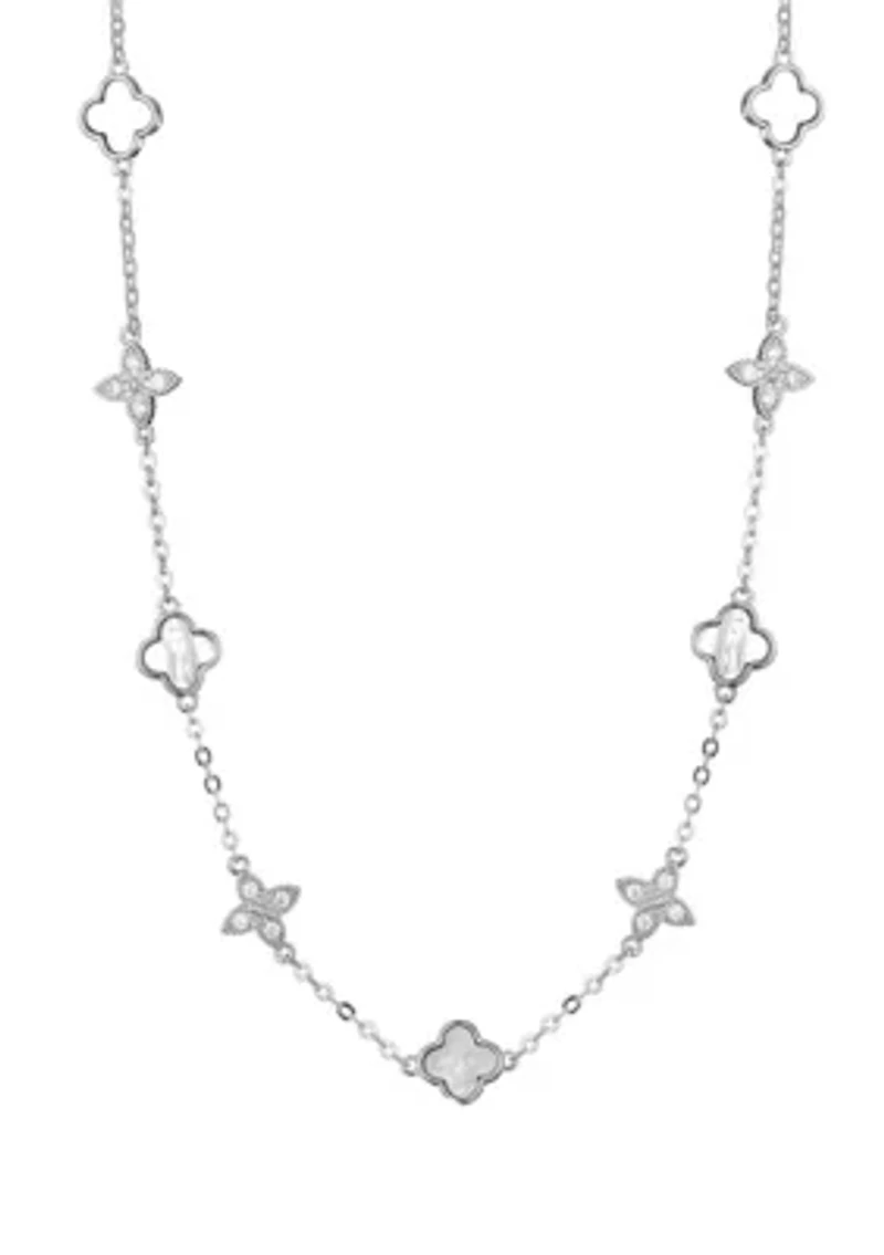Silver Plated Mixed Mother of Pearl and CZ Clover Station Necklace