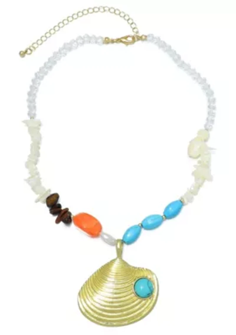 Gold Plated Mixed Beaded Necklace with Oversized Shell